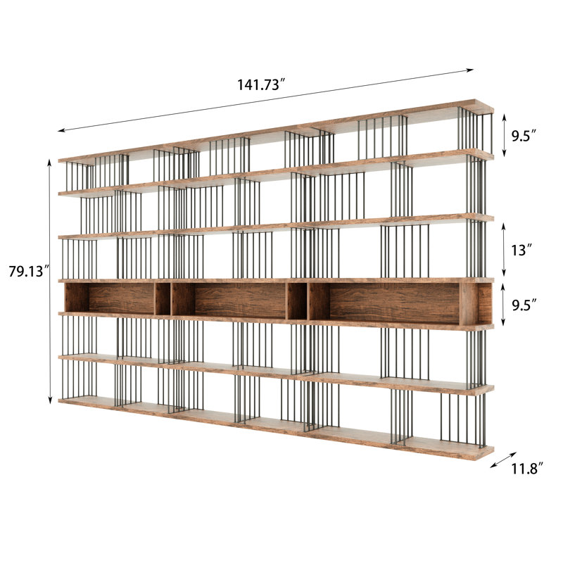 Bibliothèque de 141,73 po de largeur - grande unité de rangement ouverte avec tablettes en MDF et structure en acier, étagère de présentation autoportante