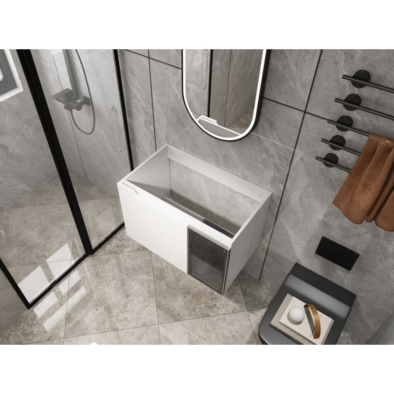 Meuble-lavabo mural 30 po, 2 portes à fermeture en douceur, meuble-lavabo blanc brillant et 1/2 porte en verre gris, contreplaqué (emballage KD) - Lavabo non compris