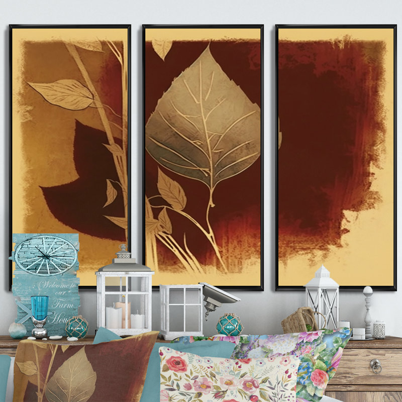 «Terra Cotta Chocolate Leaves VII», reproduction sur toile 3 pièces, H 28 po x l 36 po x P 1 po, Toile encadrée noire