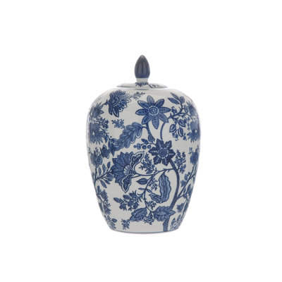 26cm white jar - deep blue floral design