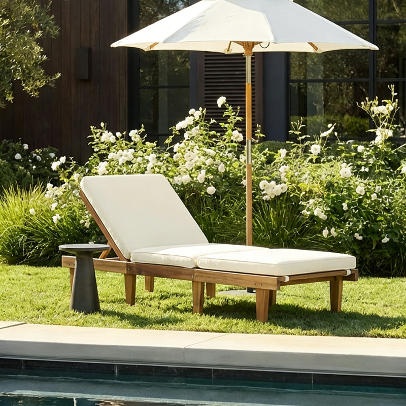 Eugenio Solid Acacia Wood Outdoor Chaise Lounge with Cushion, 1, Dark Grey Cushion/Grey Frame