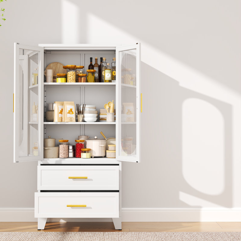 Armoire de rangement autoportante moderne en métal avec 2 tiroirs et 2 portes en verre acrylique, Satin