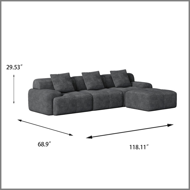 Canapé modulaire moderne en forme de L sans os, canapé 3 places en velours côtelé gris foncé avec repose-pieds et coussins décoratifs, aucun assemblage requis pour le salon
