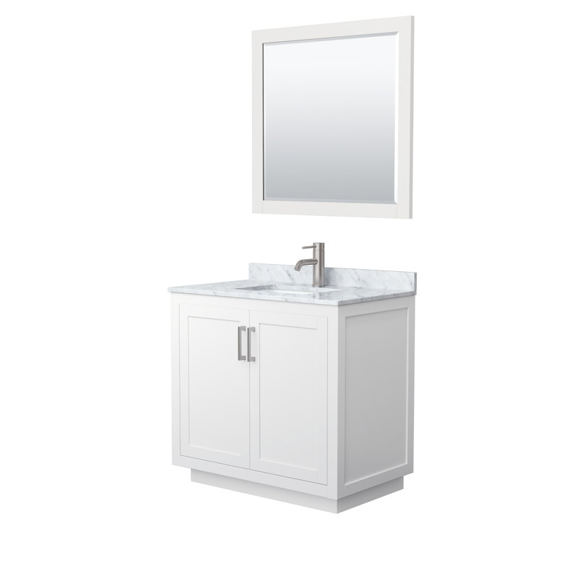 Miranda 36" Freestanding Single Bathroom Vanity with Marble Top with 34" Mirror, Brushed Nickel, White