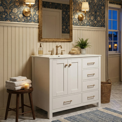 Meuble-lavabo à cadre en bois massif 30 po avec lavabo en céramique, armoire de rangement autoportante avec 4 tiroirs et portes à fermeture en douceur (blanc)