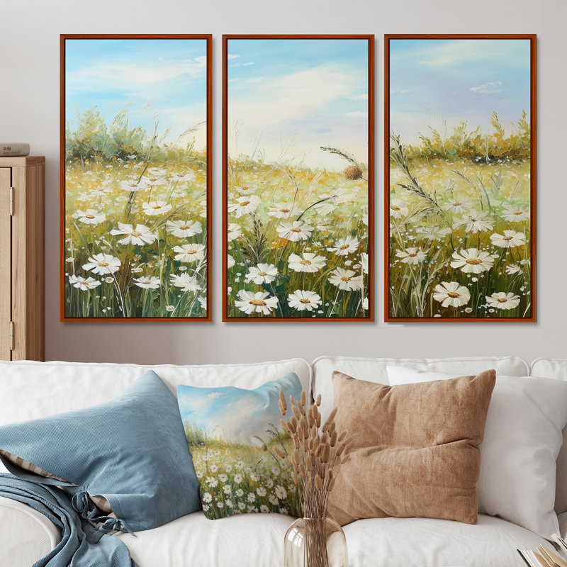 «Daisies In The Sunlight Flowers Field» - ensemble de reproductions d'art mural champ de fleurs, H 28 po x l 36 po x P 1 po