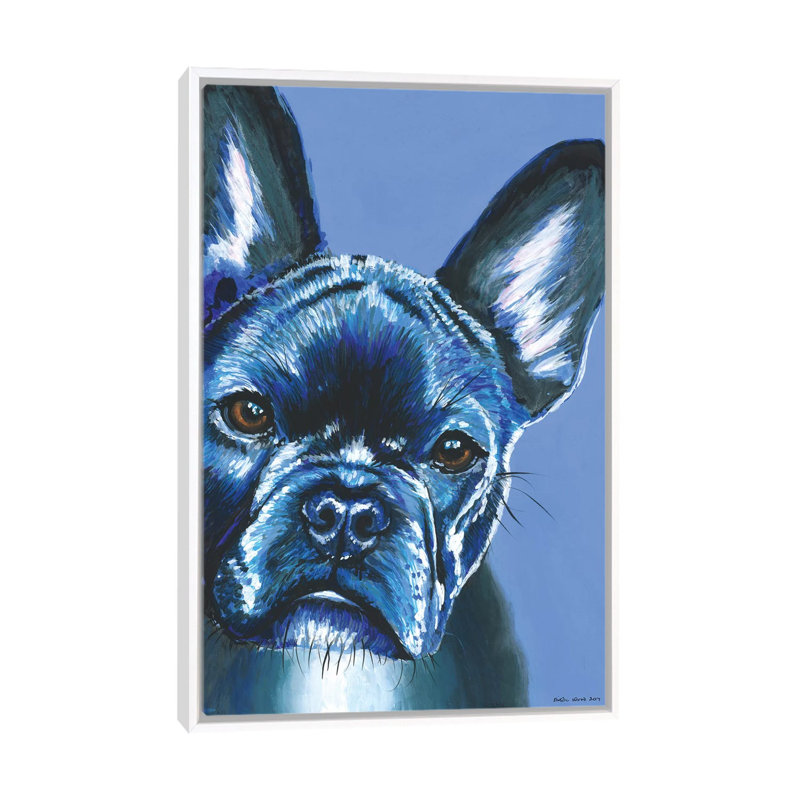 French Bulldog On Blue by Kirstin Wood - Painting on Canvas, 152.5 cm H x 101.5 cm W, White Framed Canvas