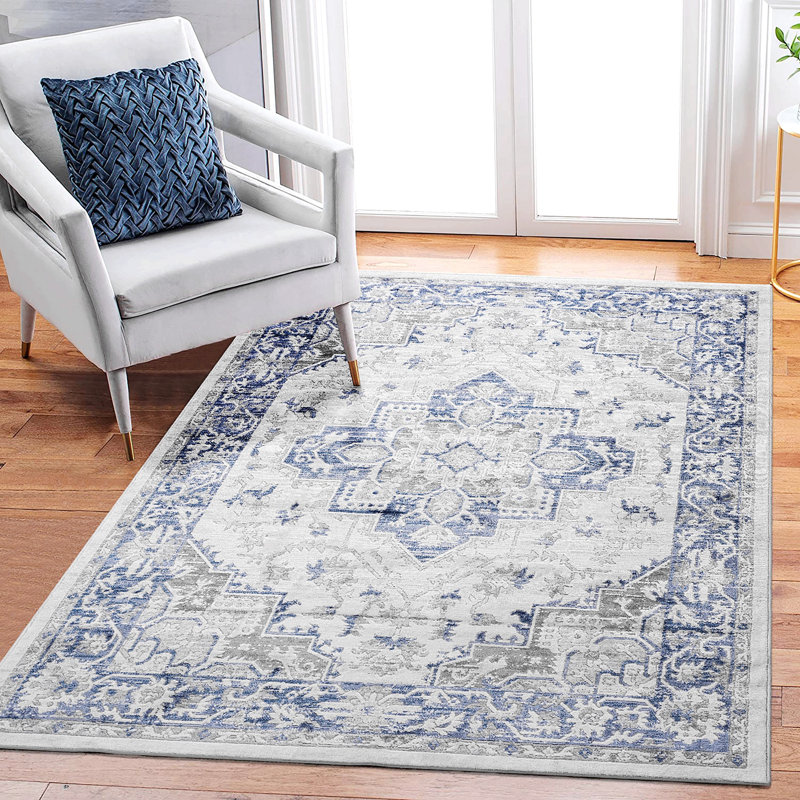 Area Rug, Collection Blue / Grey / Oriental Runner Rug, Rectangle 5'3" x 7'6"