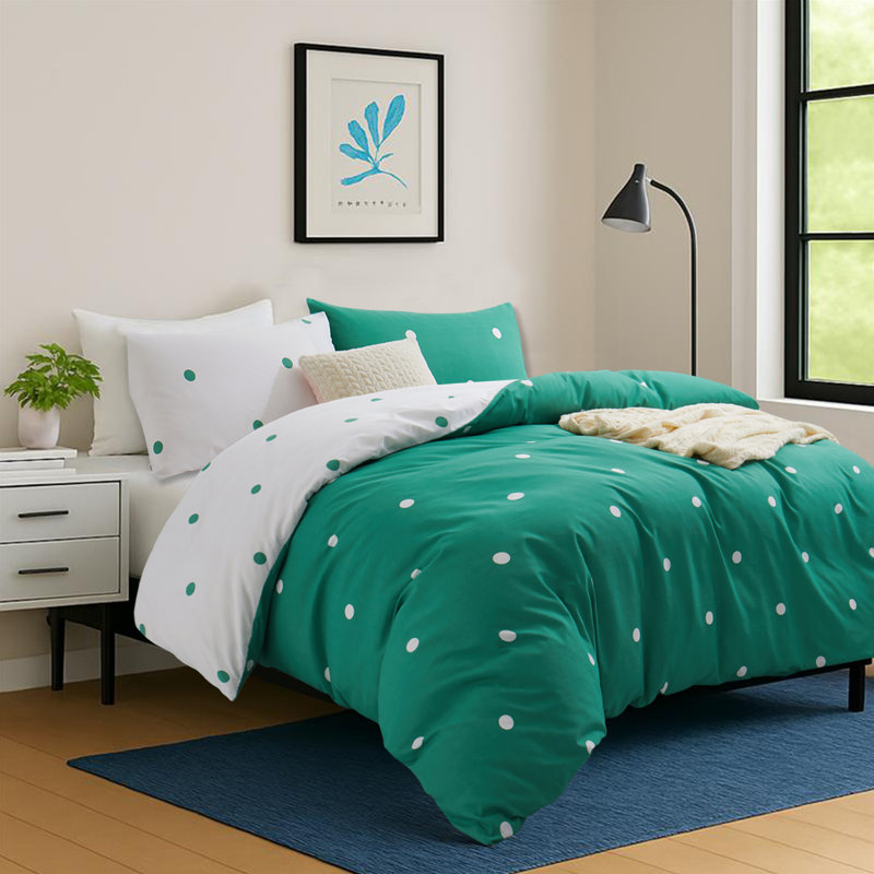 Imperial Homeware London Microfiber Duvet Cover Set with Pillowcases Included, Green/White Doted