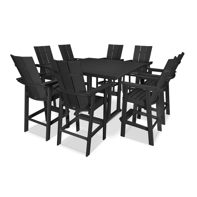 POLYWOOD Modern Curveback Adirondack 9-Piece Farmhouse Trestle Bar Set, Black