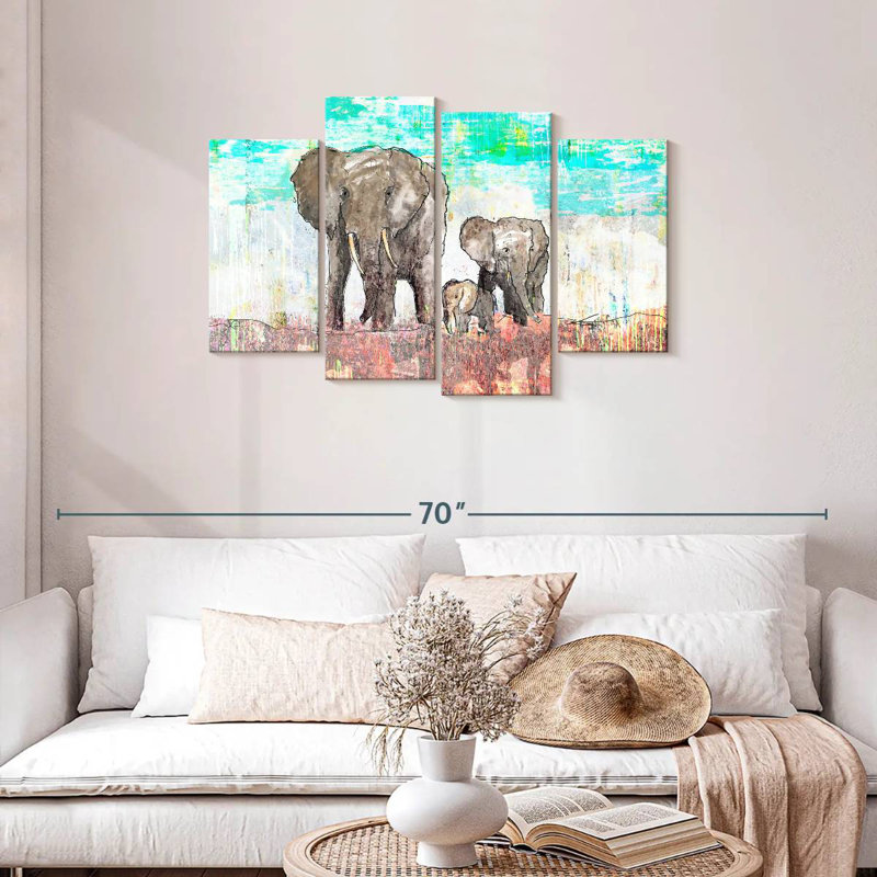 Voyage en famille d'éléphants, H 27 po x l 43 po