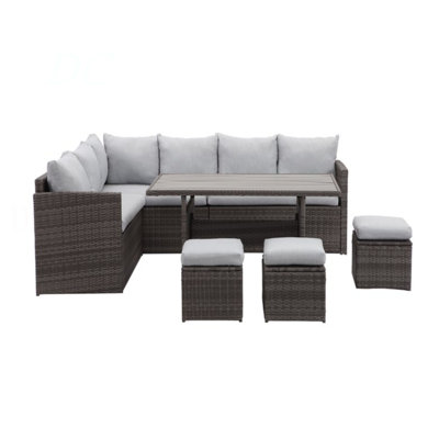 7 Piece  Wicker Patio Dining Set  9-Seat  Outdoor Sectional Cushions Sofa With Ottomans & Dining Table Porch Backyard Garden