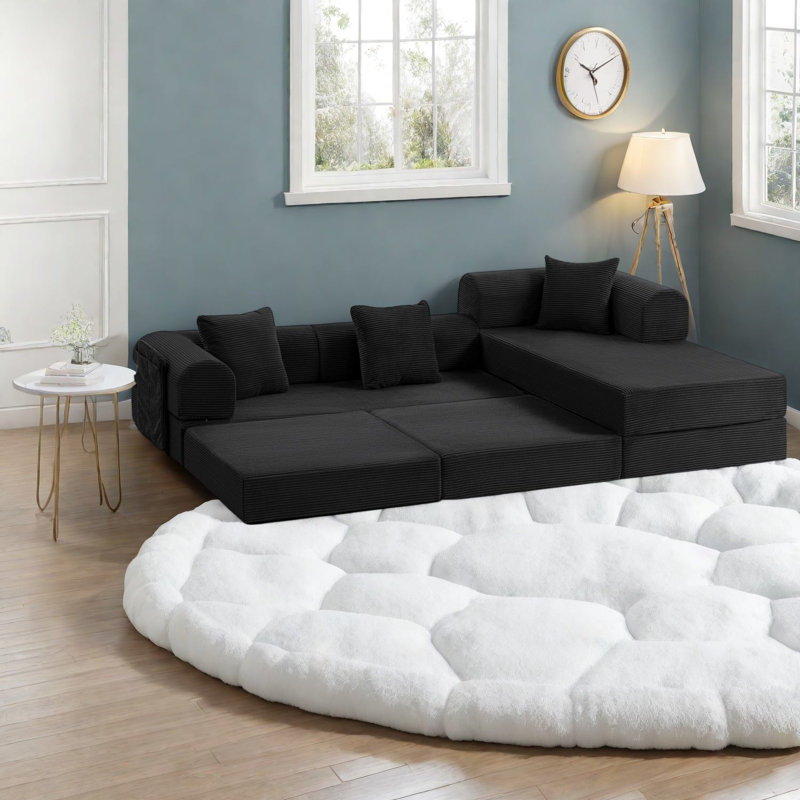 Canapé d'angle à compression, structure en métal et velours côtelé de 272 cm (107 po), style moderne.