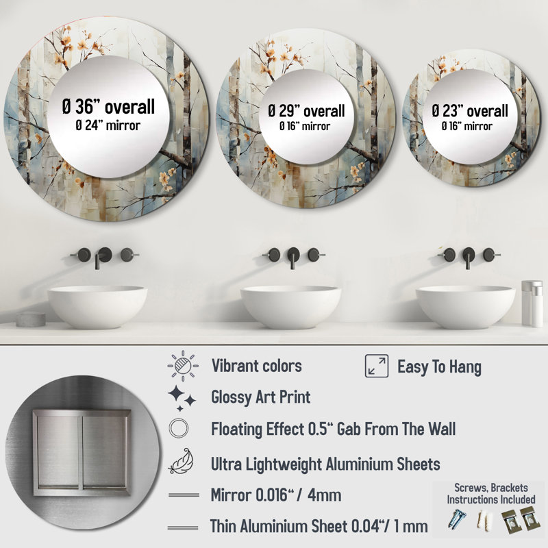 Shalla Birch Woods Ethereal Elegance III - grand miroir de bouleau, décor de miroir mural rond traditionnel traditionnel, impression d'art en métal