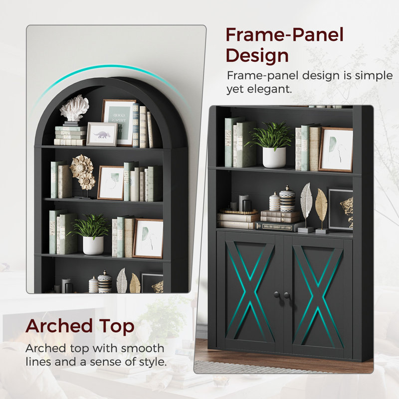 6-tier 74.41" Tall Bookshelf Farmhouse Arched Bookcase with Cabinet, 74.6" H x 31.5" W x 9.25" D, Black