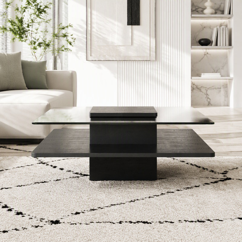 Table basse carrée en verre avec tablette de rangement, Noir