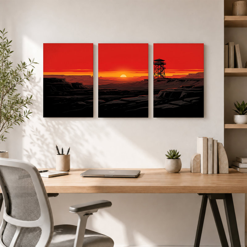 «Desert Fire Watchtower at Sunset», ensemble de 3 toiles d'art, H 36 po x l 24 po x 3 pièces