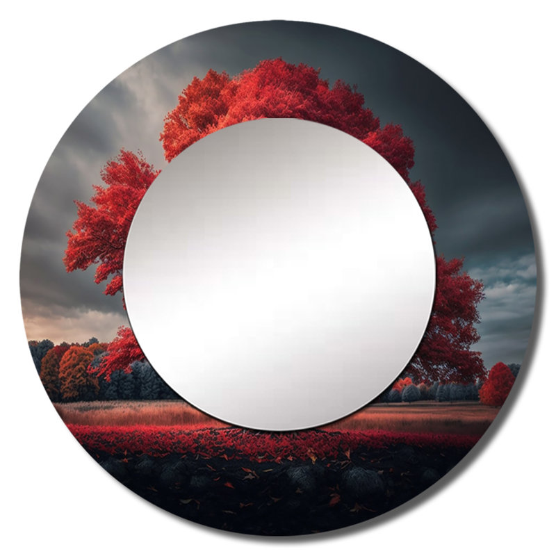Lonely majestueux arbre rouge dans la campagne II - décor de miroir mural forêt unique, 29 po x 29 po
