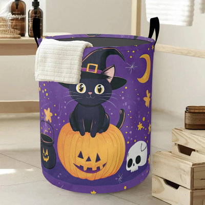 Laundry Basket,Halloween Cat Large Canvas Fabric Lightweight Storage Hamper Organizer Dirty Clothes Collapsible Waterproof For College Dorms,Bathroom