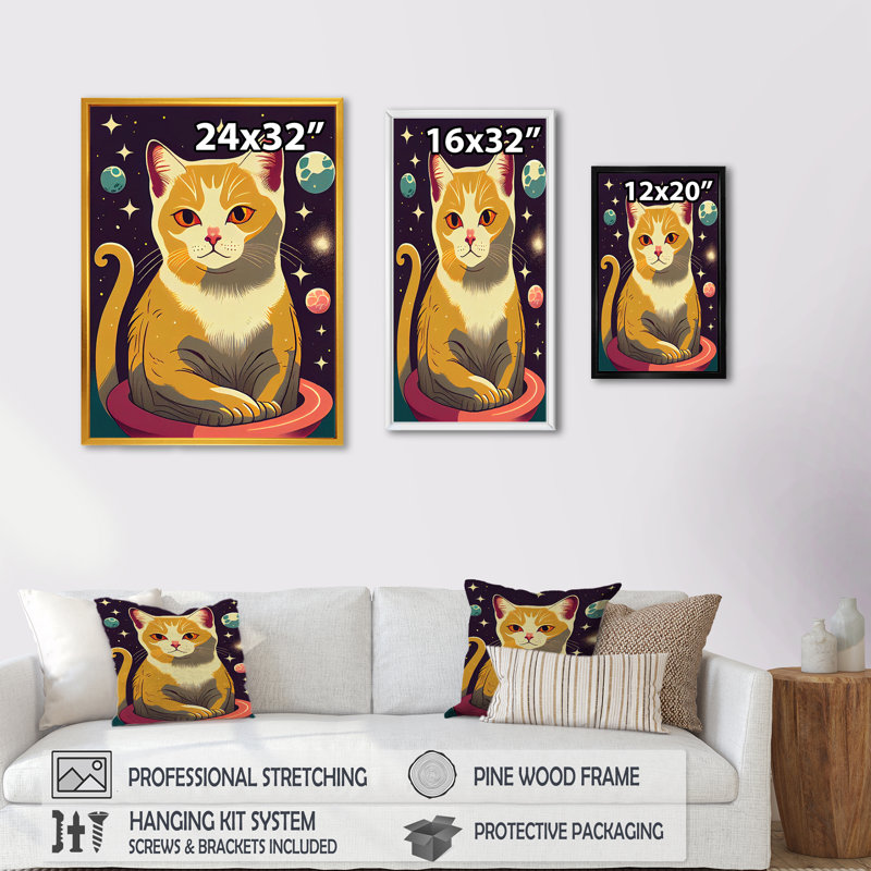 Dessin d'un joli chat jaune dans l'espace - reproduction sur toile, L 12 po x H 20 po, Toile avec cadre flottant or