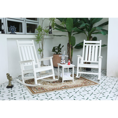 All Weather Rocking Chair Set with Side Table, 3-Piece Rocking Chair Set with Wood-Texture, White(includes 2 Rocking Chairs and 1 Table)
