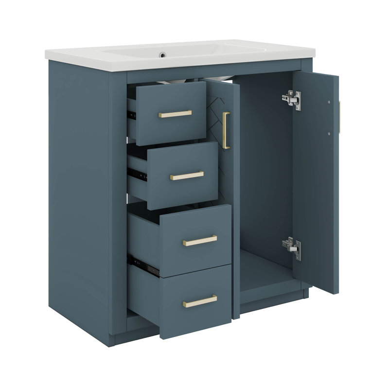 Meuble-lavabo 36 po avec lavabo en céramique: armoire de rangement moderne en bois massif avec 3 tiroirs, Bleu