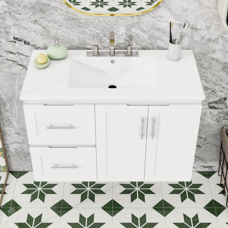 Meuble-lavabo mural avec lavabo en céramique, armoire de rangement flottante et 2 tiroirs à fermeture en douceur, Blanc