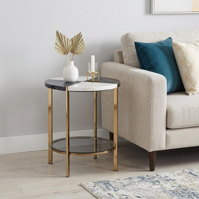  Table de bout ronde transitionnelle en bois et fer noir 24 po avec deux tablettes