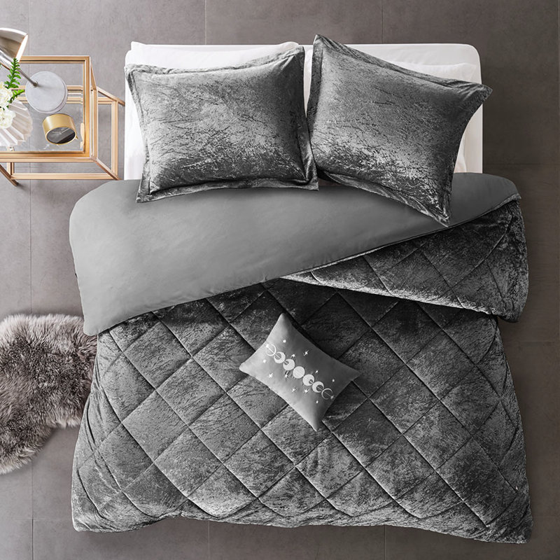 Très grand / très grand lit en velours gris - Design, avec coussin, housse de couette délavée pour lit doux, 1 coussin