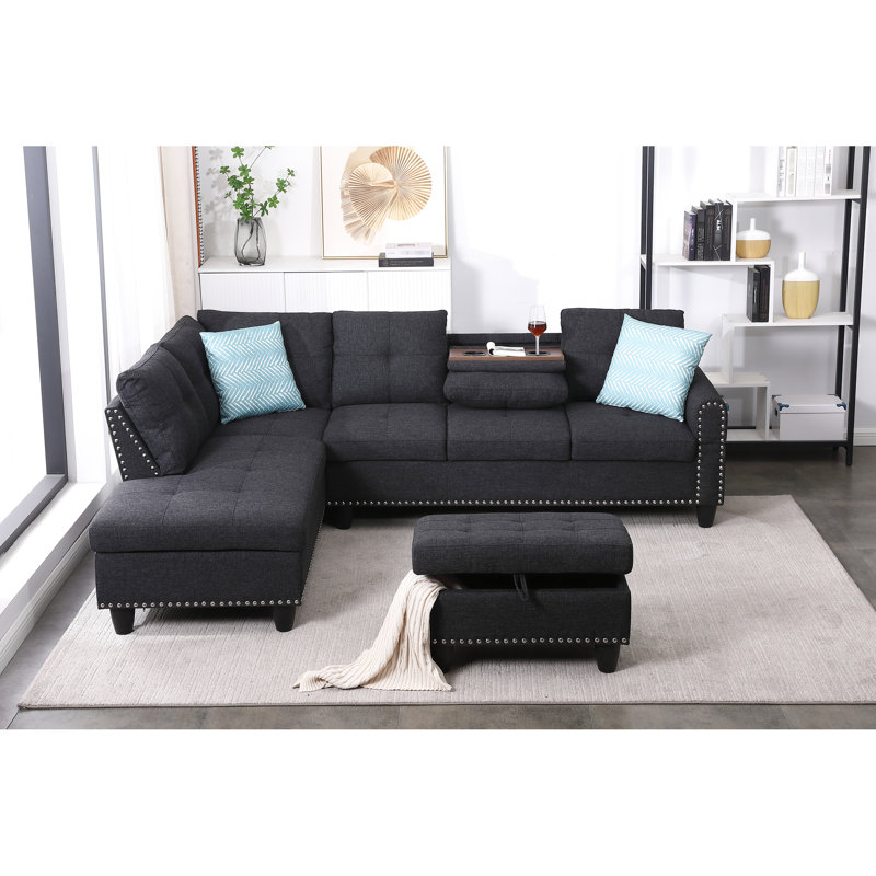 Rivet - Canapé modulaire 3 pièces en forme de L avec quatre sièges idéaux pour les soirées de jeux / films avec siège central rétractable et deux porte-gobelets, coussins assortis avec rangement intérieur assorti, bois massif et bois d'ingénierie