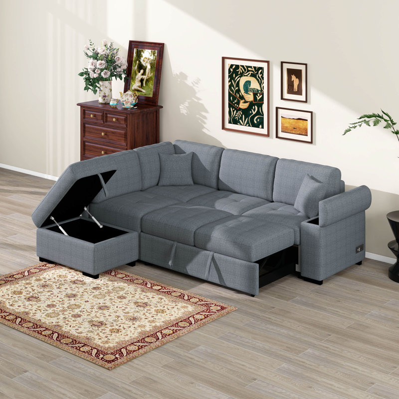 Canapé-lit convertible avec repose-pieds avec rangement, canapé modulaire en L avec bras de rangement et charge USB, canapé-lit escamotable