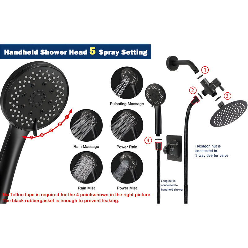 Combo de filtre de douche à haute pression à pluie et à main - Acier inoxydable, 5 réglages