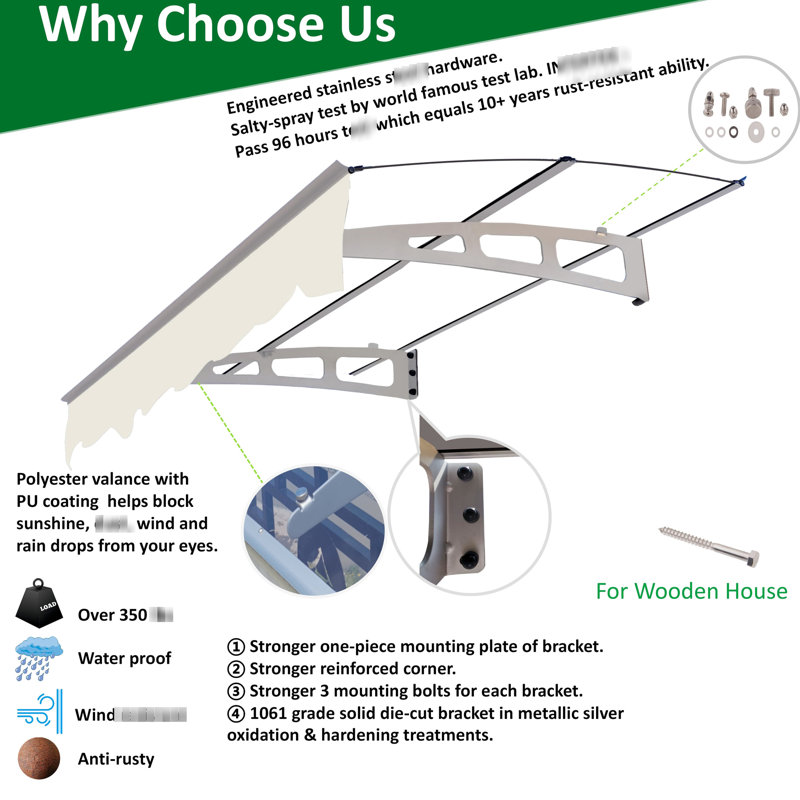 59"x34" Door Window Awning, Polycarbonate Panel, Brackets, Weather , Outdoor Garden Shade Awning 5934w, Solid , Rust- Wind & Rain Proof, Joy Area