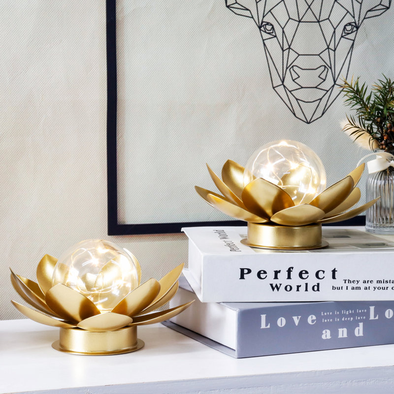 House of Hampton® Set of 2 Gold Lotus Table Lamp Battery Powered 6''Tall