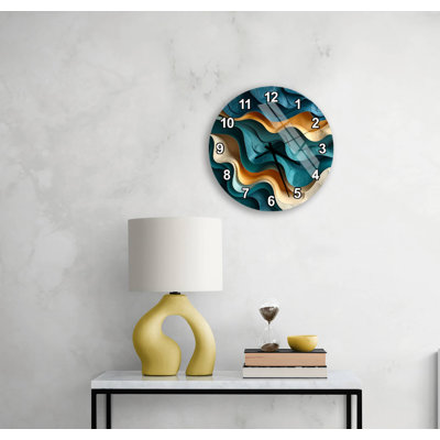 Modern Tempered Glass Wall Clock - Abstract Teal and Gold Wavy Art Decor, Roman Numeral Silent Timepiece, Unique Luxury Housewarming Gift