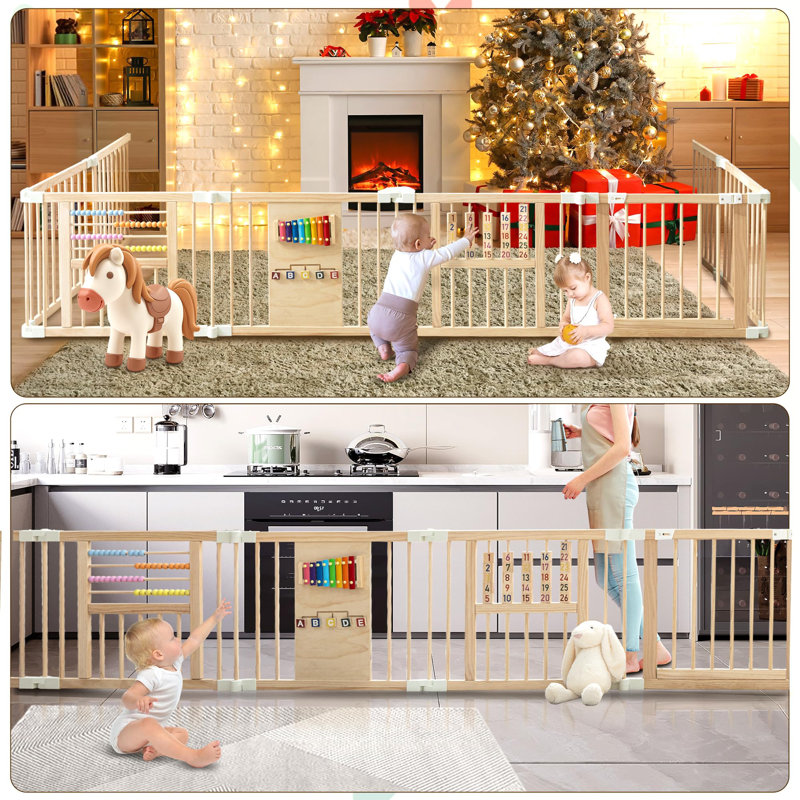 Parc pour bébé en bois avec jouets éducatifs intégrés - Coffre-fort pliable et réglable pour aire de jeu pour tout-petits