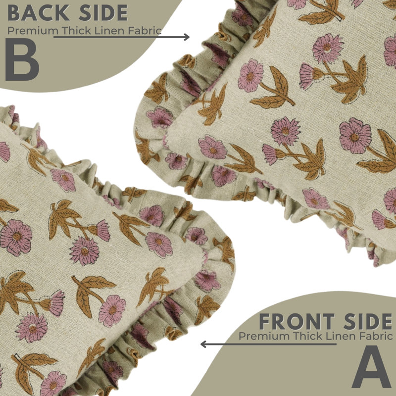 Fabdivine Floral Linen Frill Pillow Cover for Home Décor