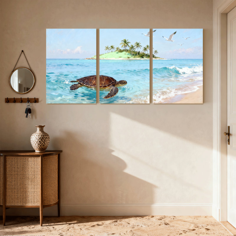 Tortue de plage nageant près d'une île tropicale, ensemble de 3 reproductions d'art sur toile, H 24 po x l 48 po