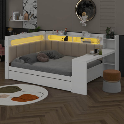 Lit de jour double avec tiroirs de rangement et tête de lit tapissier, lit d'angle avec DEL, station de charge et tablettes de rangement