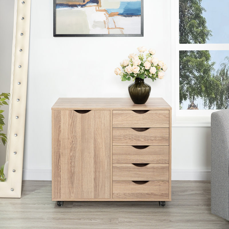 Classeur à 5 tiroirs avec roulettes - Armoire de rangement en bois et commode à tiroirs pour documents, fournitures et vêtements