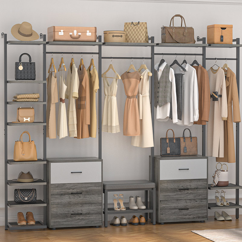 68"-96" Closet Organizer With 6-Drawers,4 Clothing Rack, Gray