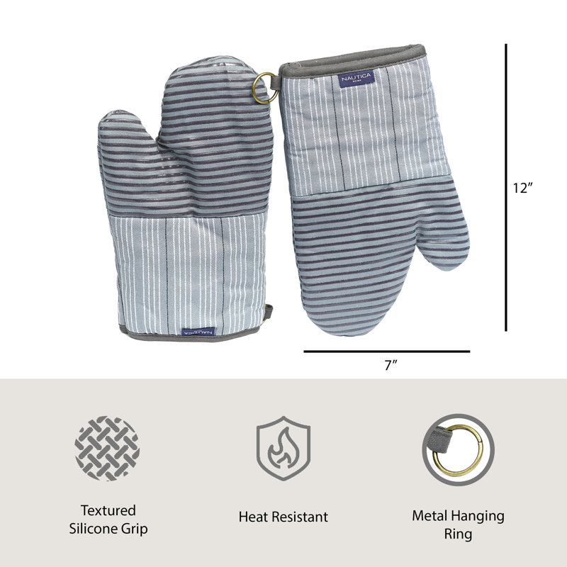 Gray Striped Cotton Oven Mitts with Silicone Grip Set