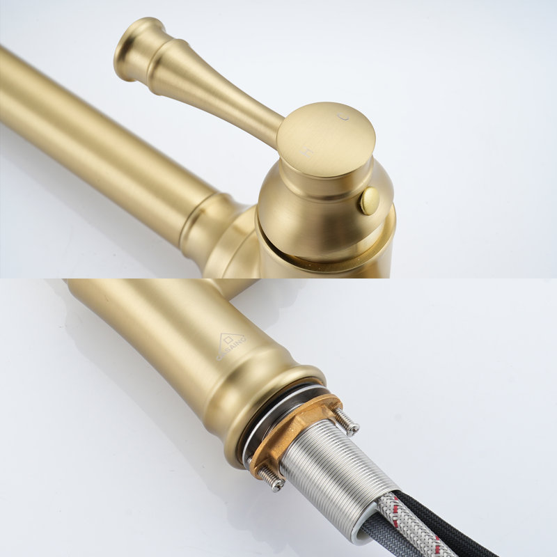 Brushed Gold Single Handle Pull-Out Kitchen Faucet with Deck Plate