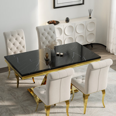 Luxury Black Faux Marble And Gold Dining Table Set With 4 White Velvet Dining Chairs