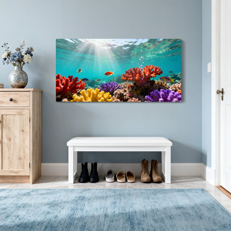 Paysage et nature, récif de corail sous-marin avec poissons et lumière du soleil, H 28 po x l 58 po