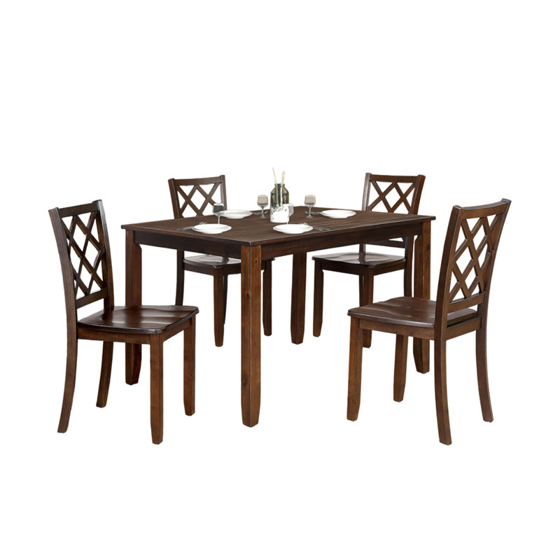 Ziko 5 Piece Dining Table Set, 4 Crossed Back Chairs, Solid Wood, Cherry Brown