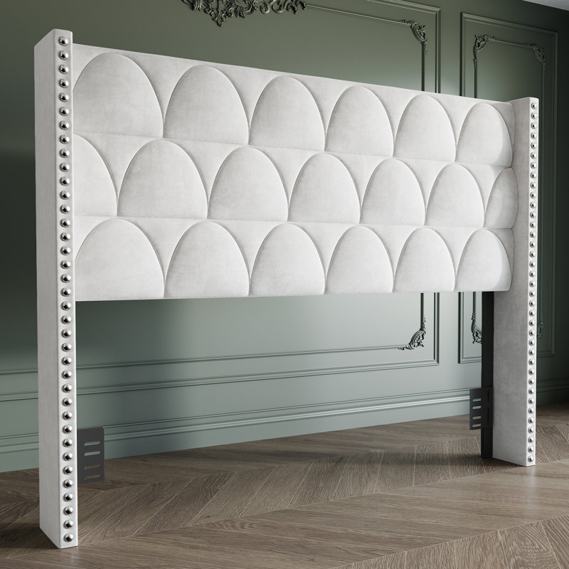56" High Back Velvet Upholstered Wingback Headboard, Floor-Standing For Adjustable Mattress Heights, Cream, King