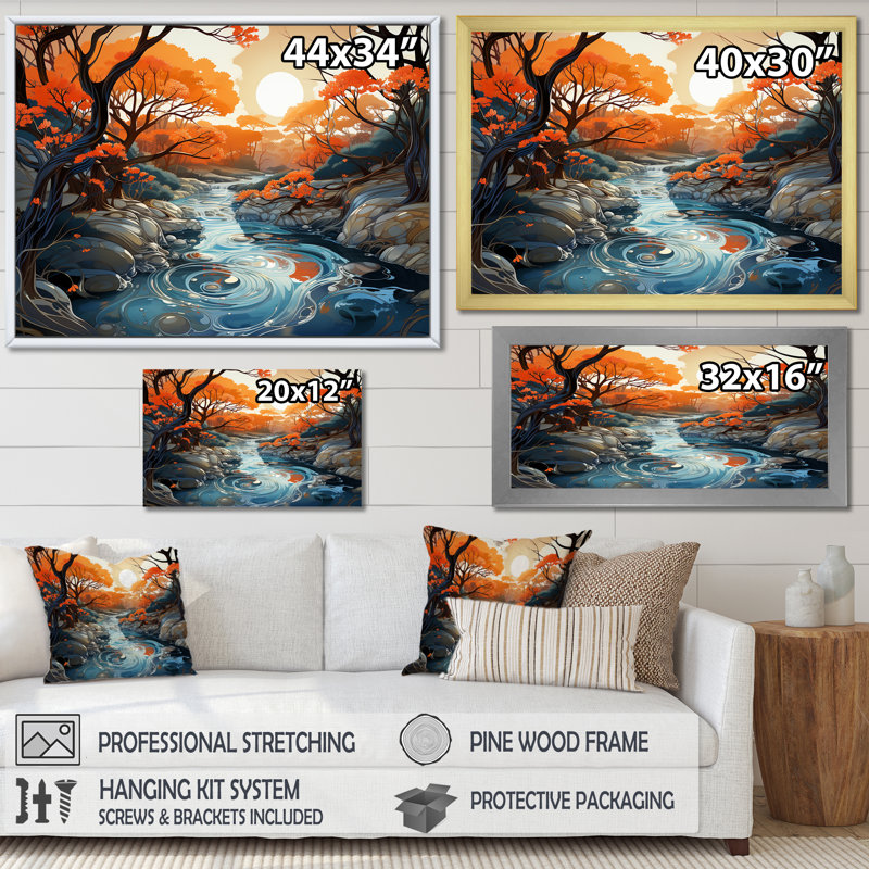 Art mural orange et bleu, rivière sereine, voyage II, Cadre de coin blanc fermé, H 30 po x l 40 po x P 1,5 po