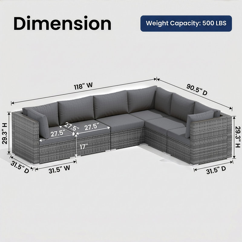 Ensemble de conversation 6 pièces pour patio extérieur, canapé d'angle en rotin en PE gris avec coussins, Gris