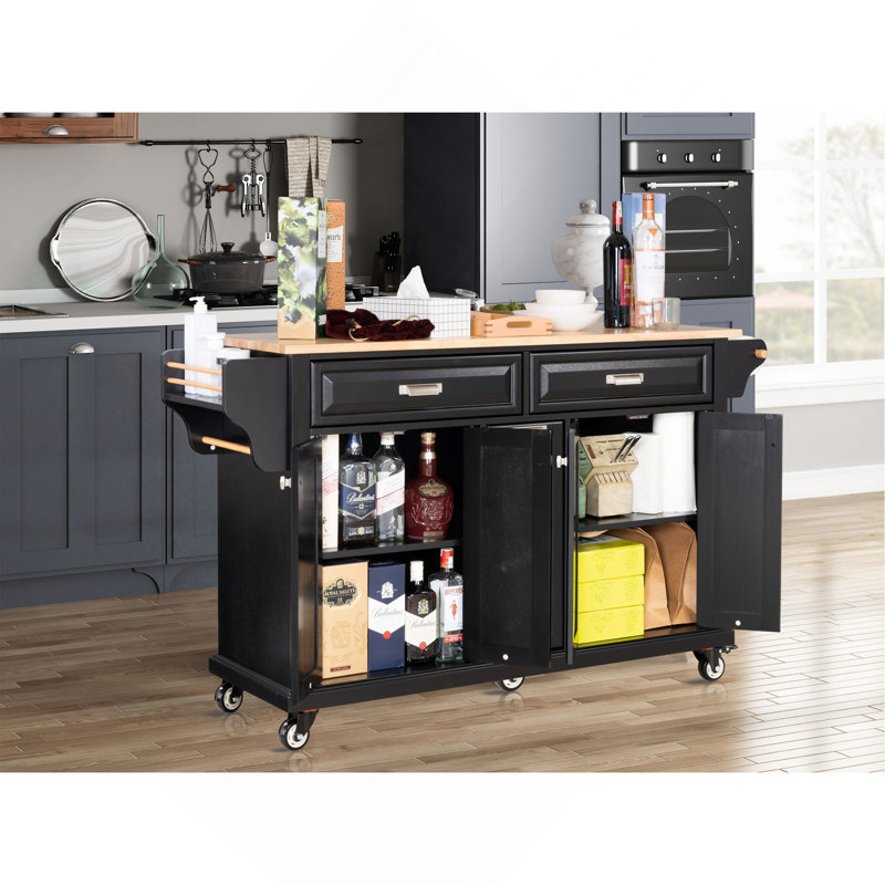 Kitchen Island With Rubber Wood Countertop, Black